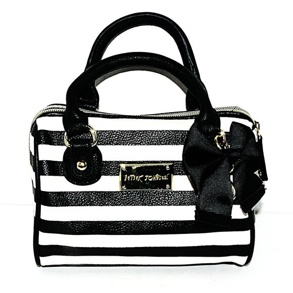 Betsey Johnson Handbags - Betsey Johnson Black & White Striped Hand Shoulder Bag Bow Accent Gold Hardware